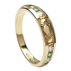 Claddagh Eternity Diamond & Emerald Set Yellow Gold Ring