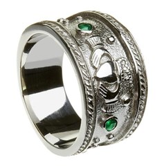 Claddagh Heavy Emerald Set White Gold Ring