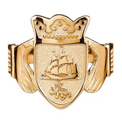 Gents Coat of Arms Yellow Gold Claddagh Ring