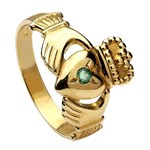 Ladies Claddagh Emerald Set Ring - Yellow Gold