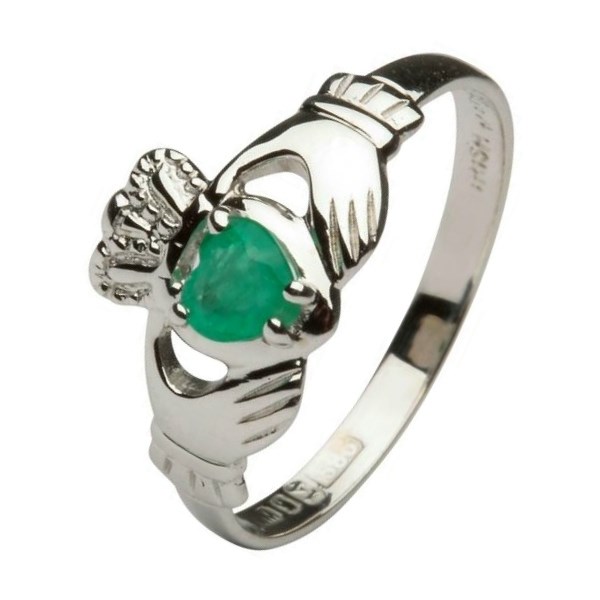 Ladies Claddagh Heart Emerald Set Ring