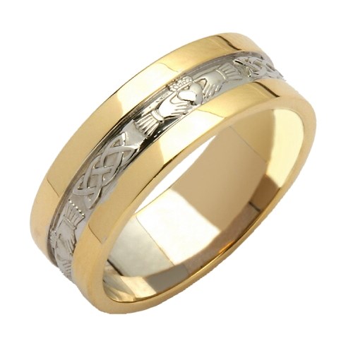 Claddagh & Celtic Knot Two Tone Wedding Band with Wide Sides
