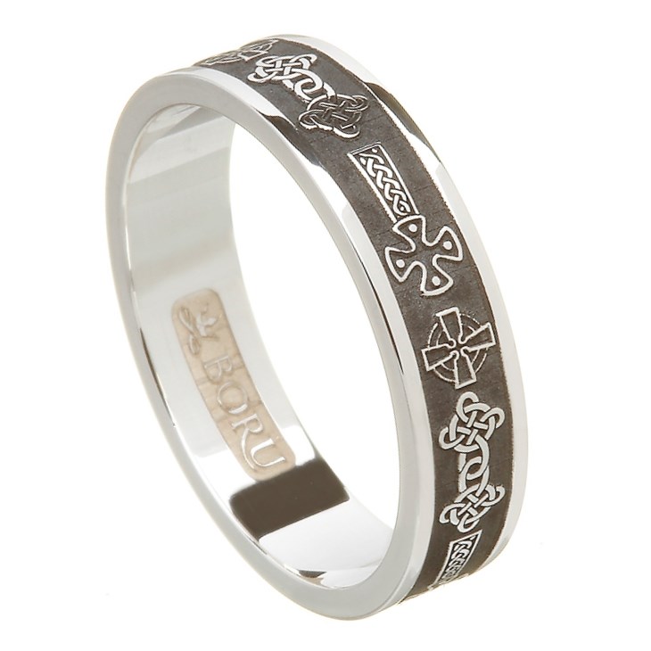 Celtic Cross Oxidized Silver Wedding Ring - Ladies