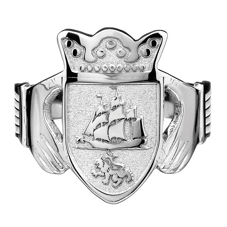 Gents Coat of Arms White Gold Claddagh Ring