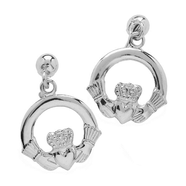 Small White Gold Claddagh Drop Earrings