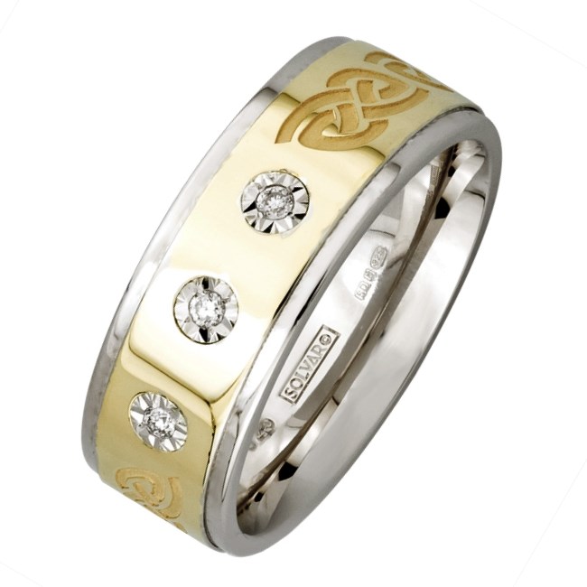 Celtic Knot Silver Wedding Band with Gold Center and 3 x Diamonds