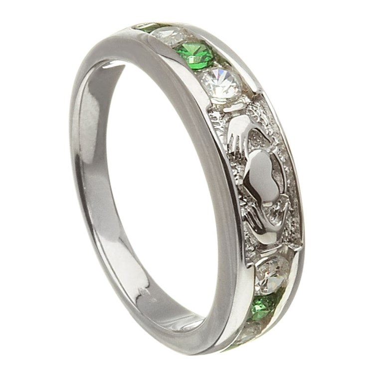 Claddagh Eternity Diamond & Emerald Set White Gold Ring