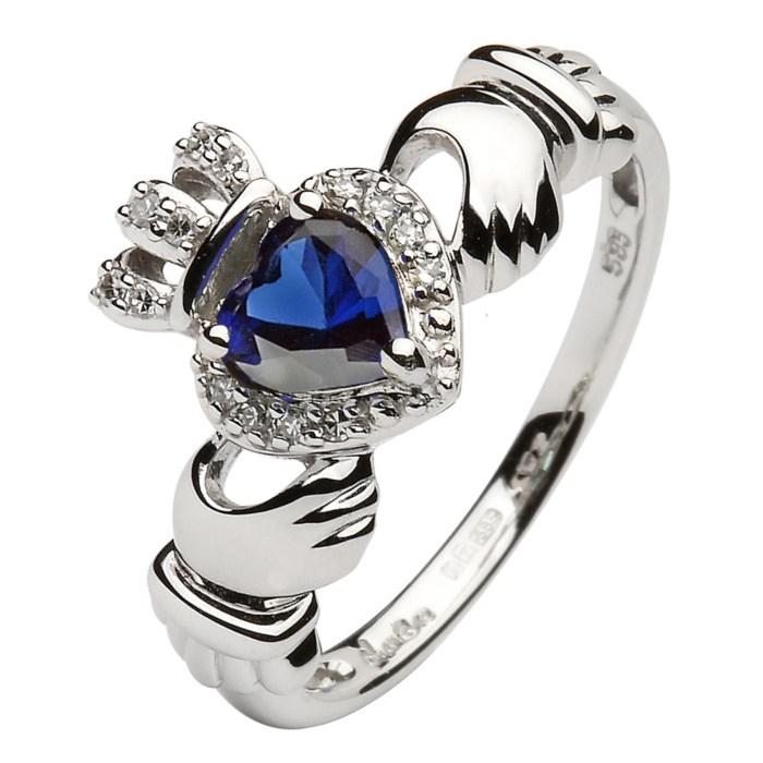 White Gold Claddagh Ring Set With Sapphire and Diamond