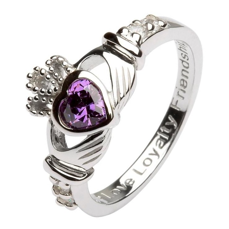 Claddagh Ring with Amethyst Cubic Zirconia February Month BirthStone. Jewellery Rings Wedding & Engagement Claddagh Rings 