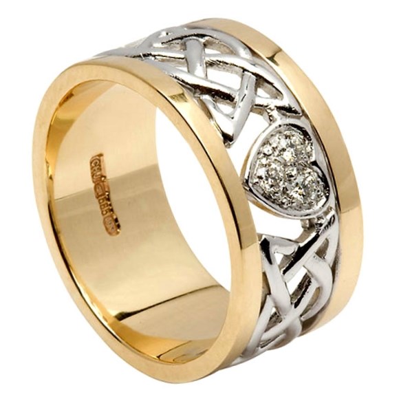Diamond Encrusted Heart & Lovers Knot Unisex Wedding Band Celtic