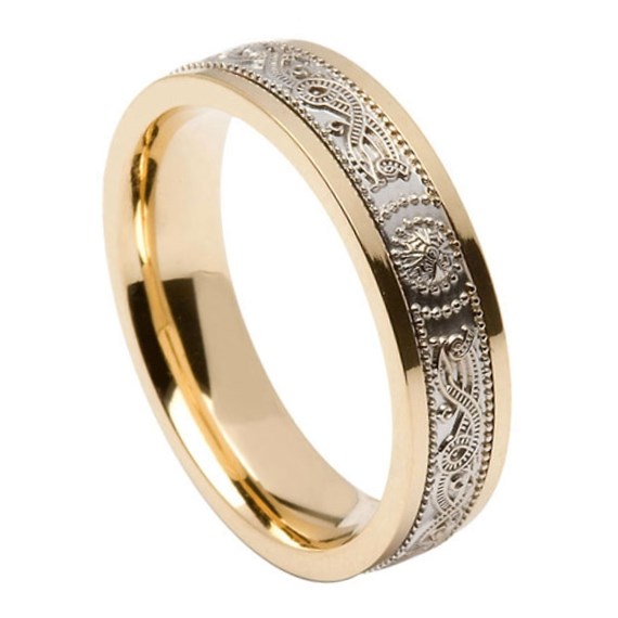 Ladies Celtic Warrior Narrow Yellow Gold Band with White Gold Center