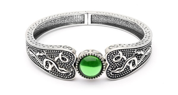Viking Wide Bangle with Green Glass Stone