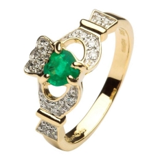 Ladies Gold Claddagh Ring with Emerald and Diamonds