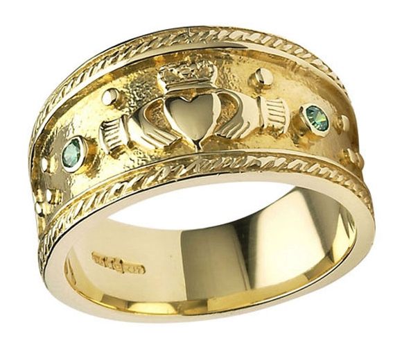 Claddagh Heavy Emerald Set Yellow Gold Ring