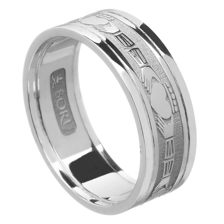 Claddagh White Gold Wedding Band with Trim