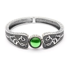Viking Wide Bangle with Green Glass Stone