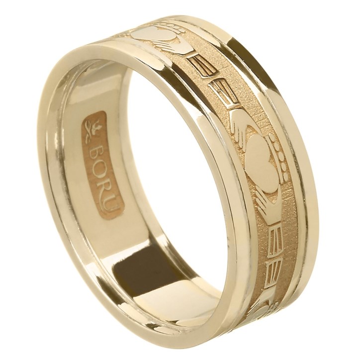 Claddagh Yellow Gold Wedding Band with Trim